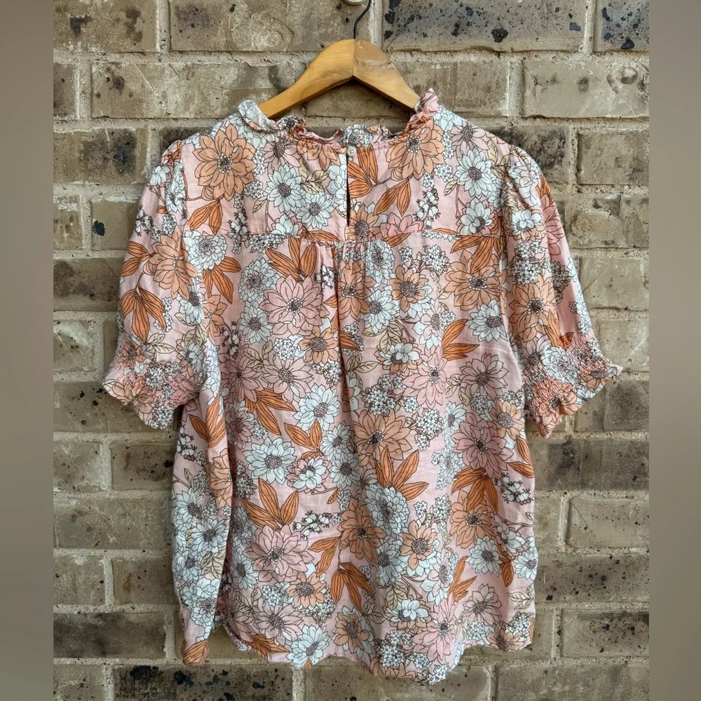 J. Crew Smocked puff-sleeve linen top in zinnia floral Size XL